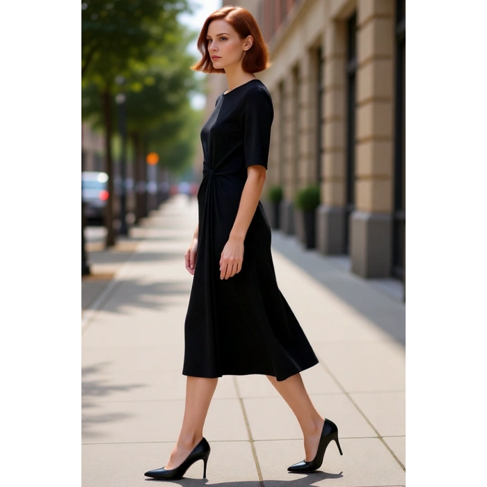 Kadınlar İçin A line Kesim Büzgü Detaylı Siyah Örme Midi Elbise %100 Pamuk Konforu Kaliteli