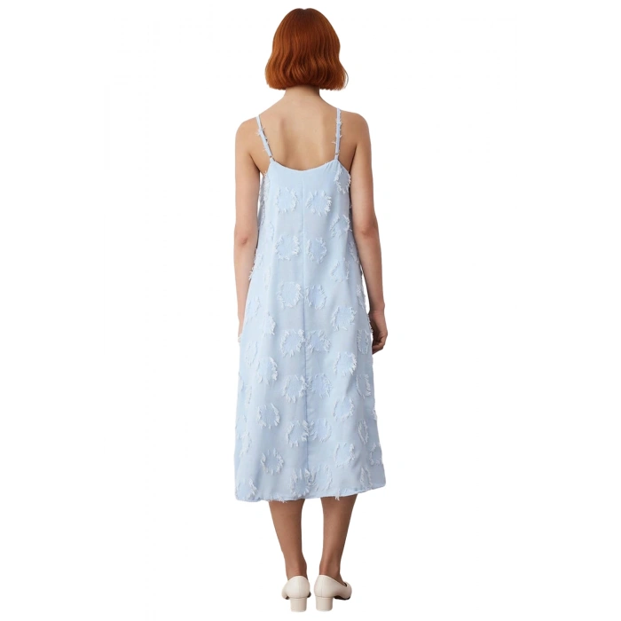 Kadınlar Icin A Line Kesim Ince Askılı Midi Boy Havuz Yaka Flamlı Dokuma Yazlık Elbise Gunluk Siklik