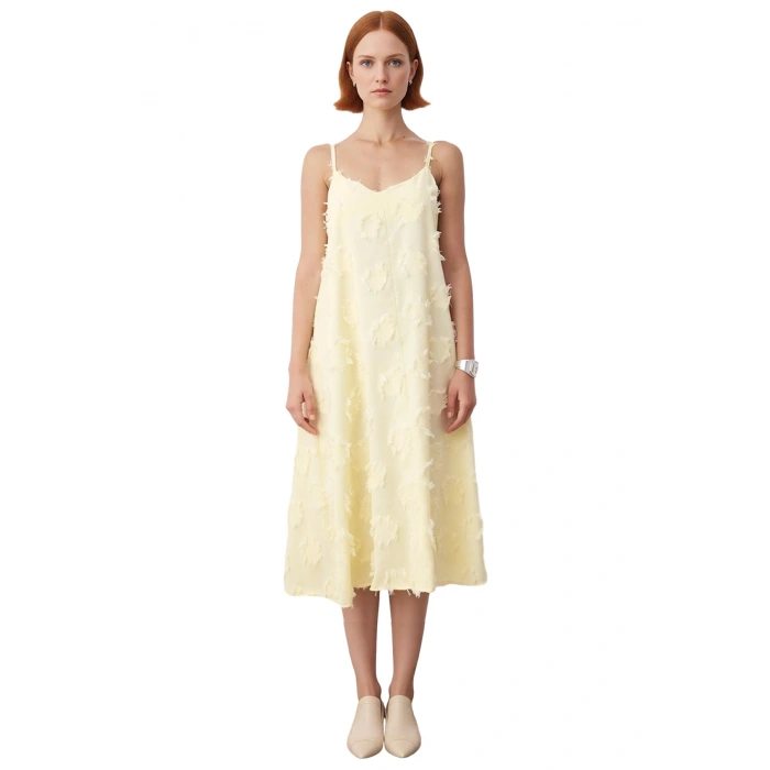 Kadınlar Icin A Line Kesim Ince Askılı Midi Boy Havuz Yaka Flamlı Dokuma Yazlık Elbise Gunluk Siklik