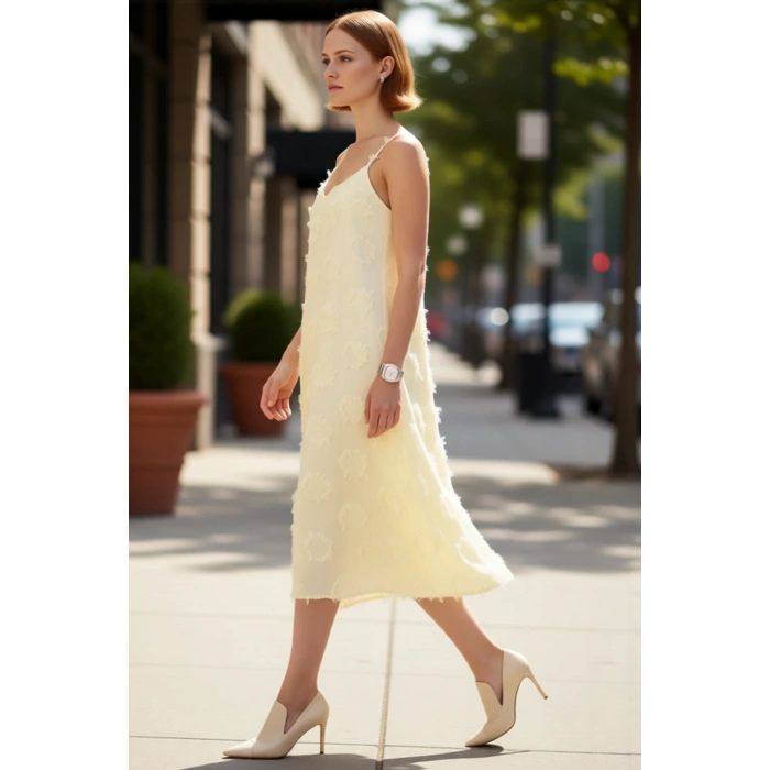 Kadınlar Icin A Line Kesim Ince Askılı Midi Boy Havuz Yaka Flamlı Dokuma Yazlık Elbise Gunluk Siklik