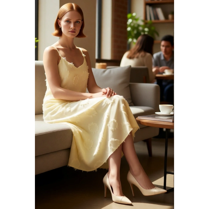 Kadınlar Icin A Line Kesim Ince Askılı Midi Boy Havuz Yaka Flamlı Dokuma Yazlık Elbise Gunluk Siklik