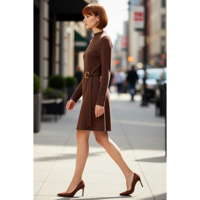 Kadınlar İçin A Line Mini Elbise Dik Yaka Kemerli Uzun Kollu Selanik Örme Günlük Şıklık Kombin