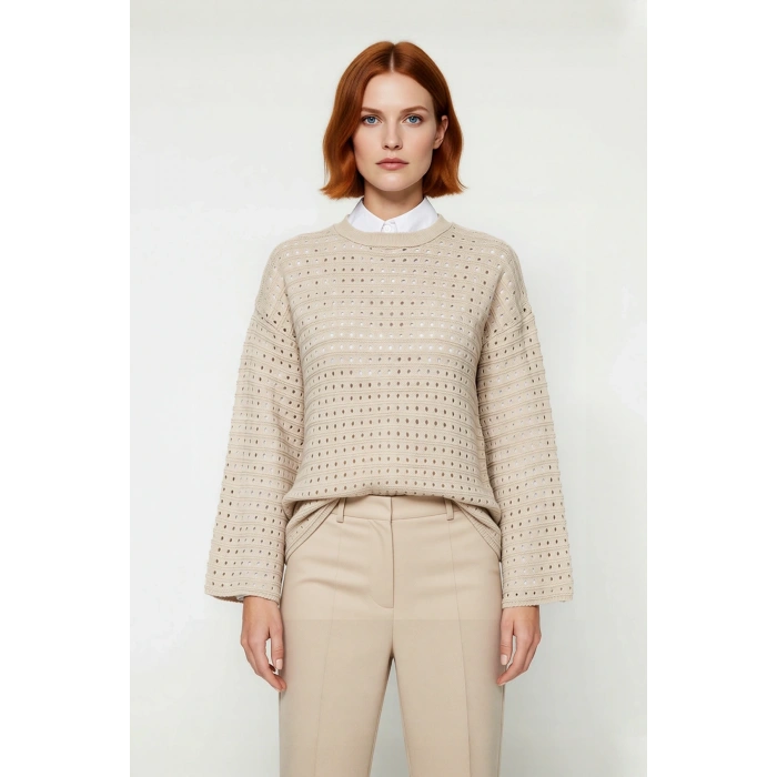 Kadınlar İçin Ajurlu Bisiklet Yaka Regular Kalıp Uzun Kollu Triko Kazak Modelimiz Kaliteli