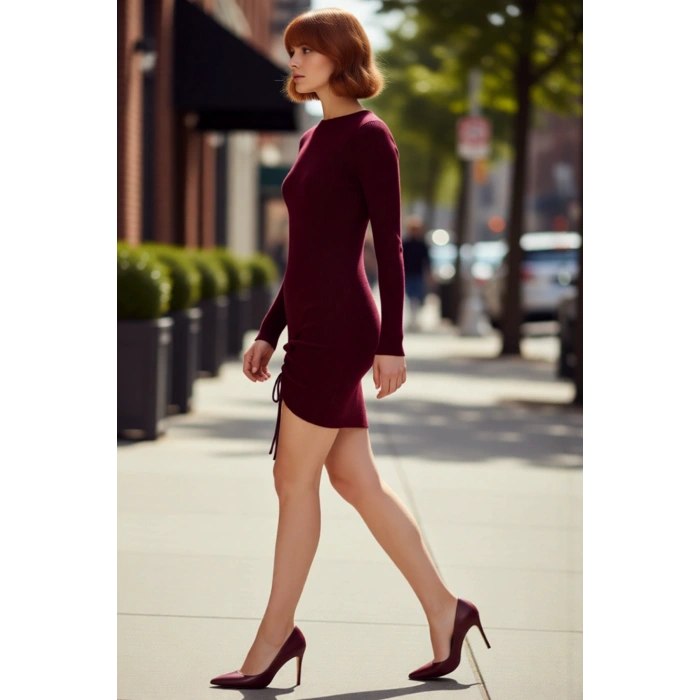 Kadınlar İçin Akrilik Bisiklet Yaka Bodycon Kesim Mini Elbise Büzgülü Tasarım Şıklığı Kaliteli