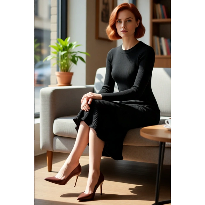 Kadınlar İçin Akrilik Triko Midi Elbise Bisiklet Yaka Uzun Kollu Düz Desen Günlük Şık Tasarım