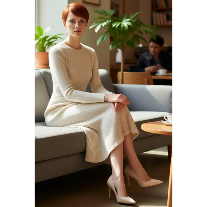 Kadınlar İçin Akrilik Triko Midi Elbise Bisiklet Yaka Uzun Kollu Düz Desen Günlük Şık Tasarım