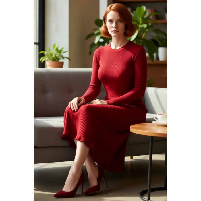 Kadınlar İçin Akrilik Triko Midi Elbise Bisiklet Yaka Uzun Kollu Düz Desen Günlük Şık Tasarım