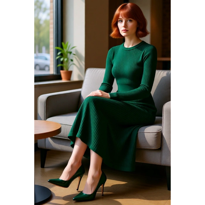 Kadınlar İçin Akrilik Triko Midi Elbise Bisiklet Yaka Uzun Kollu Düz Desen Günlük Şık Tasarım