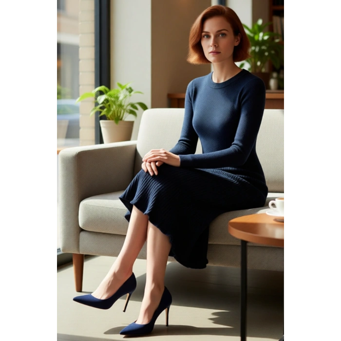 Kadınlar İçin Akrilik Triko Midi Elbise Bisiklet Yaka Uzun Kollu Düz Desen Günlük Şık Tasarım