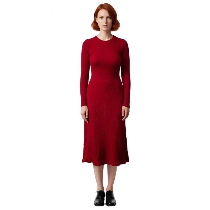 Kadınlar İçin Akrilik Triko Midi Elbise Bisiklet Yaka Uzun Kollu Düz Desen Günlük Şık Tasarım