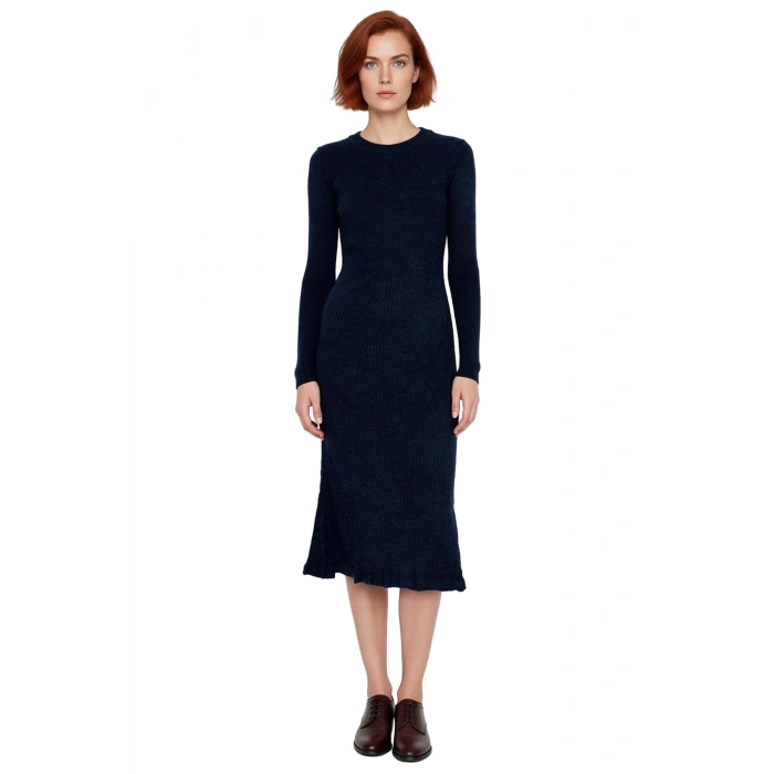 Kadınlar İçin Akrilik Triko Midi Elbise Bisiklet Yaka Uzun Kollu Düz Desen Günlük Şık Tasarım