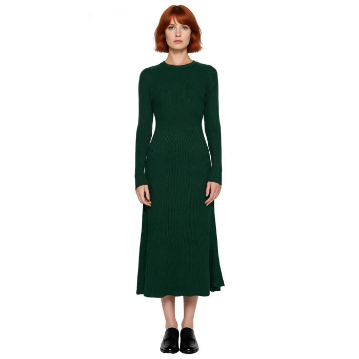 Kadınlar İçin Akrilik Triko Midi Elbise Bisiklet Yaka Uzun Kollu Düz Desen Günlük Şık Tasarım