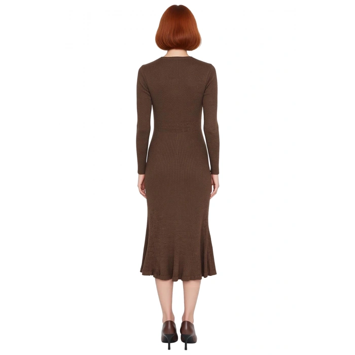 Kadınlar İçin Akrilik Triko Midi Elbise Bisiklet Yaka Uzun Kollu Düz Desen Günlük Şık Tasarım