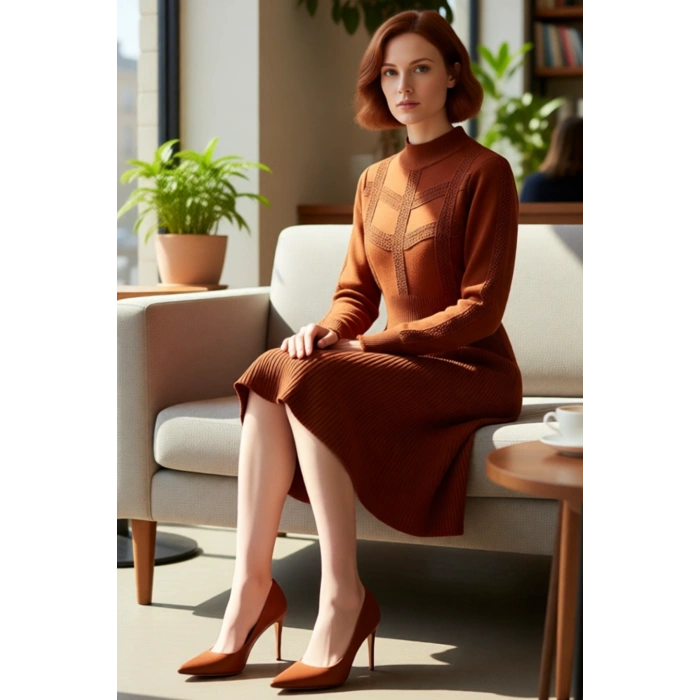 Kadınlar İçin Bej Rengi A Kesim Balon Kol Dik Yaka Akrilik Triko Mini Elbise Kış Kombinleri.