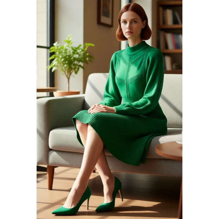 Kadınlar İçin Bej Rengi A Kesim Balon Kol Dik Yaka Akrilik Triko Mini Elbise Kış Kombinleri.