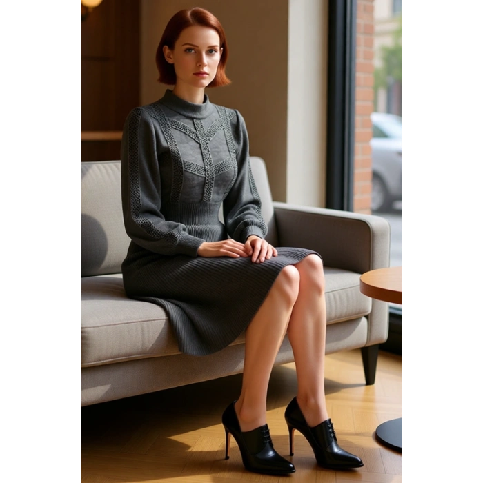 Kadınlar İçin Bej Rengi A Kesim Balon Kol Dik Yaka Akrilik Triko Mini Elbise Kış Kombinleri.