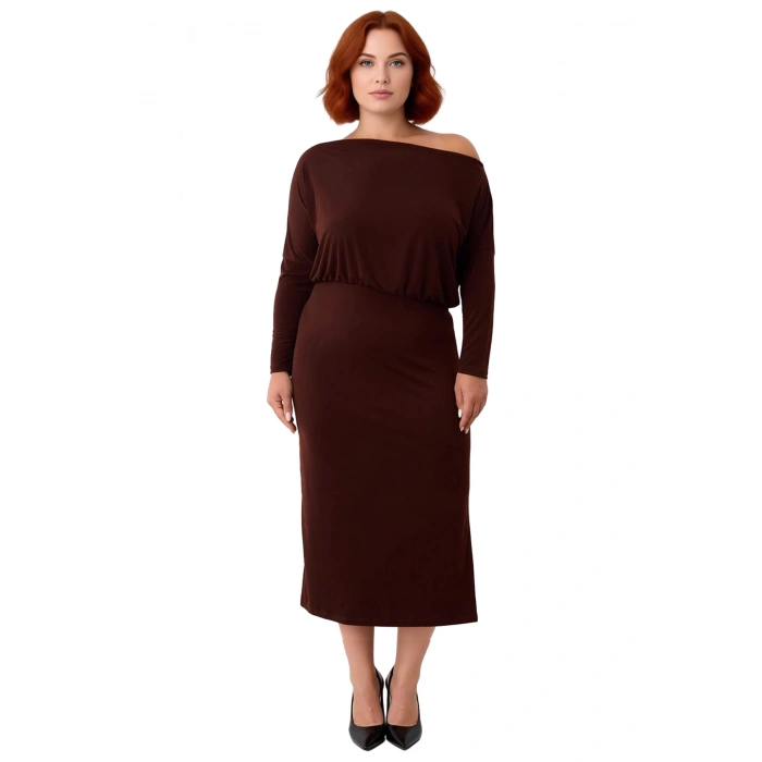 Kadınlar İçin Bodycon Kalıp Asimetrik Yaka Uzun Kol Düz Örme Midi Maxi Elbise Kış Şıklığı Ve Konforu