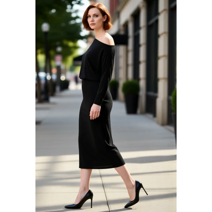 Kadınlar İçin Bodycon Kalıp Asimetrik Yaka Uzun Kol Düz Örme Midi Maxi Elbise Kış Şıklığı Ve Konforu