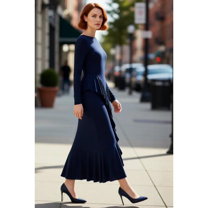 Kadınlar İçin Bodycon Kesim Kayık Yaka Uzun Kollu Volanlı Maxi Şık Gece Elbisesi Özel Davetlere