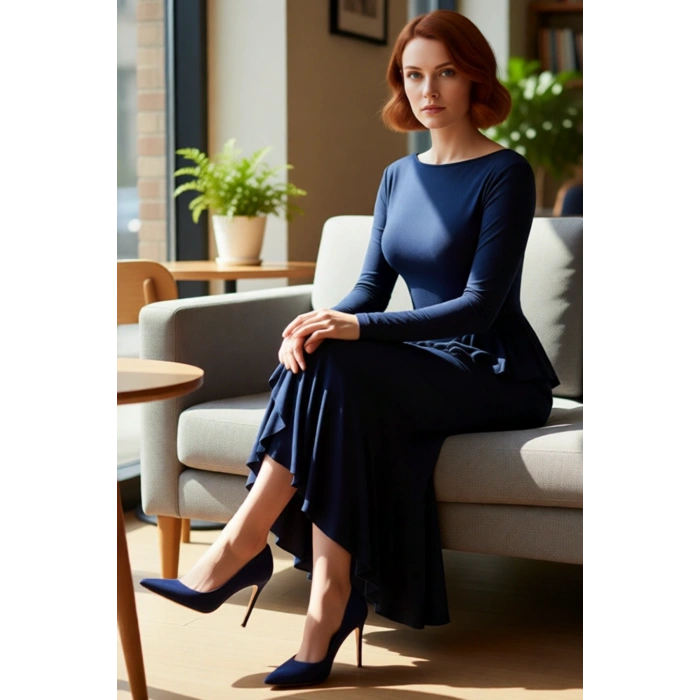 Kadınlar İçin Bodycon Kesim Kayık Yaka Uzun Kollu Volanlı Maxi Şık Gece Elbisesi Özel Davetlere