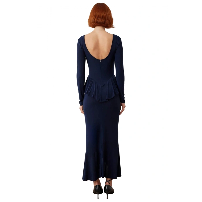 Kadınlar İçin Bodycon Kesim Kayık Yaka Uzun Kollu Volanlı Maxi Şık Gece Elbisesi Özel Davetlere