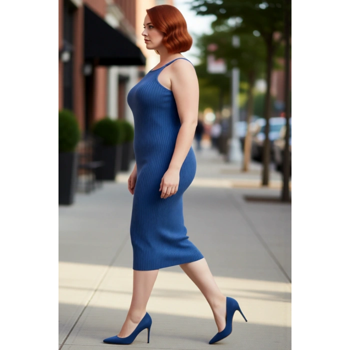 Kadınlar İçin Bodycon Kesim Mavi Kolsuz Midi Boy Fitilli Triko Elbise Yaz Stiliyle Modern Şıklık