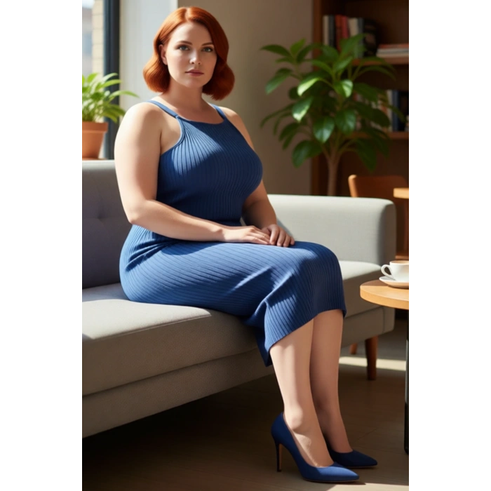 Kadınlar İçin Bodycon Kesim Mavi Kolsuz Midi Boy Fitilli Triko Elbise Yaz Stiliyle Modern Şıklık