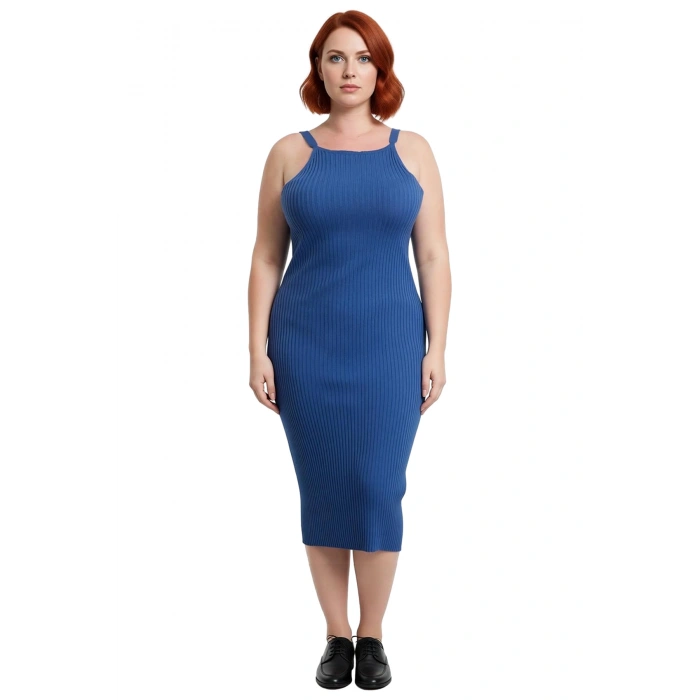 Kadınlar İçin Bodycon Kesim Mavi Kolsuz Midi Boy Fitilli Triko Elbise Yaz Stiliyle Modern Şıklık