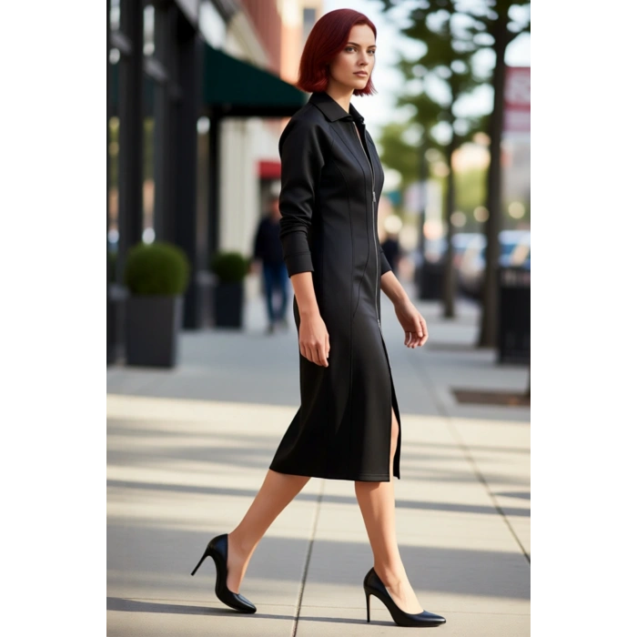 Kadınlar İçin Bodycon Kesim Polo Yaka Uzun Kollu Siyah Örme Midi Elbise Tam Fermuarlı Kaliteli