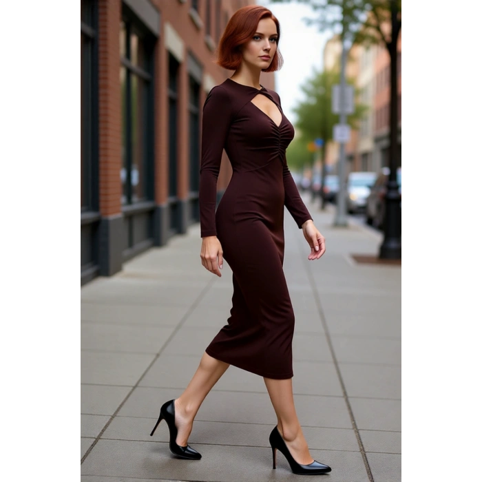 Kadınlar İçin Bodycon Kesim Uzun Kollu Midi Boy Choker Yaka Şık Gece Elbisesi Zarif Detaylarla