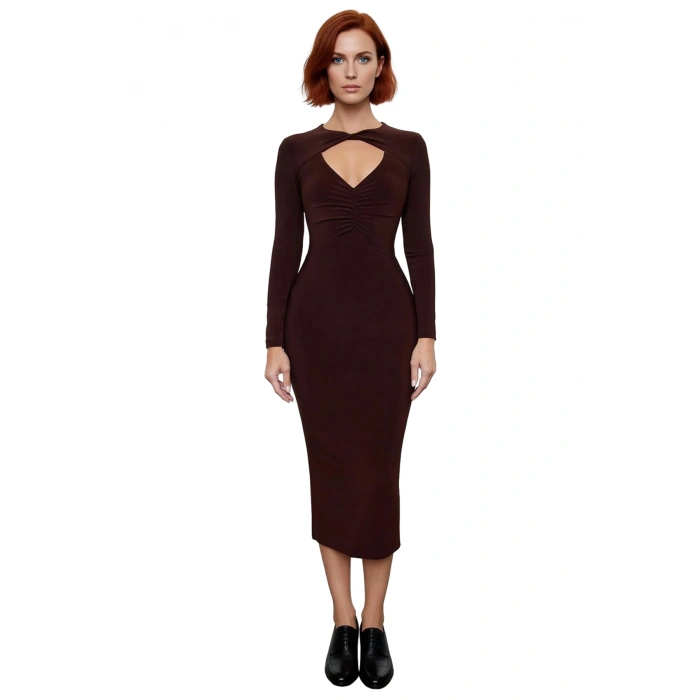 Kadınlar İçin Bodycon Kesim Uzun Kollu Midi Boy Choker Yaka Şık Gece Elbisesi Zarif Detaylarla