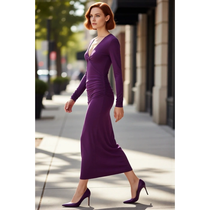 Kadınlar İçin Bodycon Kesim V Yaka Büzgülü Astarlı Maxi Örme Elbise Şık Davetler İdeal