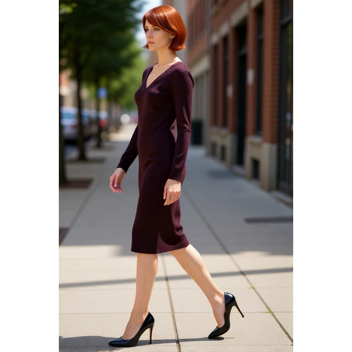 Kadınlar İçin Bodycon Midi Triko Elbise V Yaka Uzun Kol Düz Desen Rahat Şık İlkbahar Sonbahar Stili