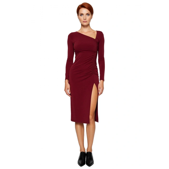 Kadınlar İçin Bodycone Kalıp Uzun Kollu Yırtmaç Detaylı Örme Midi Elbise Şık Ve Zarif Bir Seçim