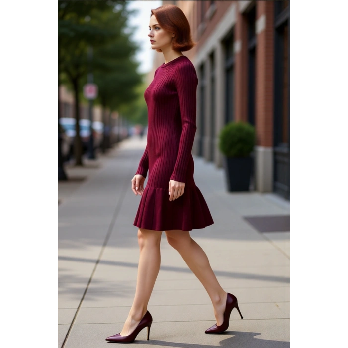 Kadınlar İçin Bordo A Kesim Triko Elbise Mini Boy Uzun Standart Kol Kışlık Gündüz Gece Kombin