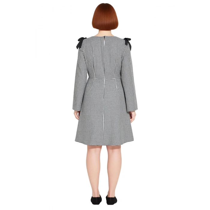 Kadınlar İçin Büyük Beden Ekose A Kesim Uzun Kollu Kayık Yaka Omuz Fiyonklu Mini Dokuma Elbise Kışa