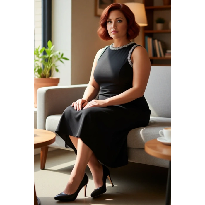 Kadınlar İçin Büyük Beden Siyah A Line Kolsuz Midi Dokuma Abiye Elbise Işıltılı Yaka Detaylı Şık