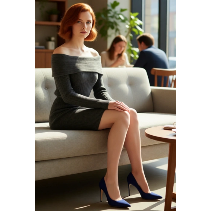 Kadınlar İçin Carmen Yaka Fitilli Triko Elbise Shift Kesim Standart Kol Mini Boy Şık Günlük