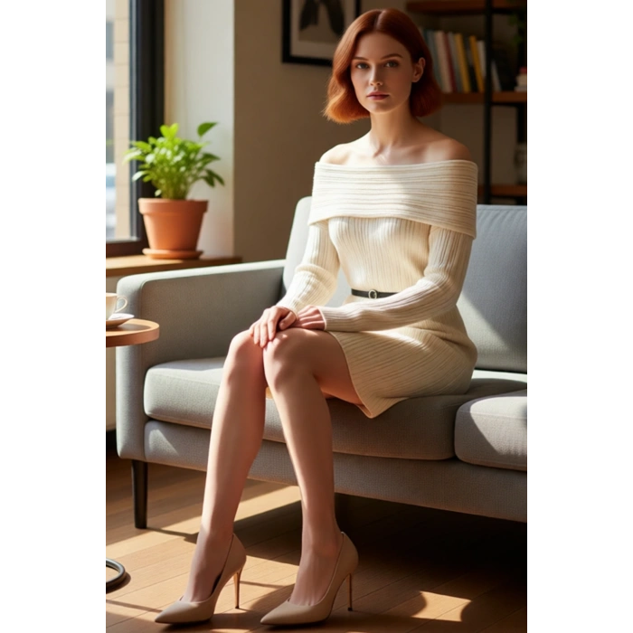 Kadınlar İçin Carmen Yaka Fitilli Triko Elbise Shift Kesim Standart Kol Mini Boy Şık Günlük