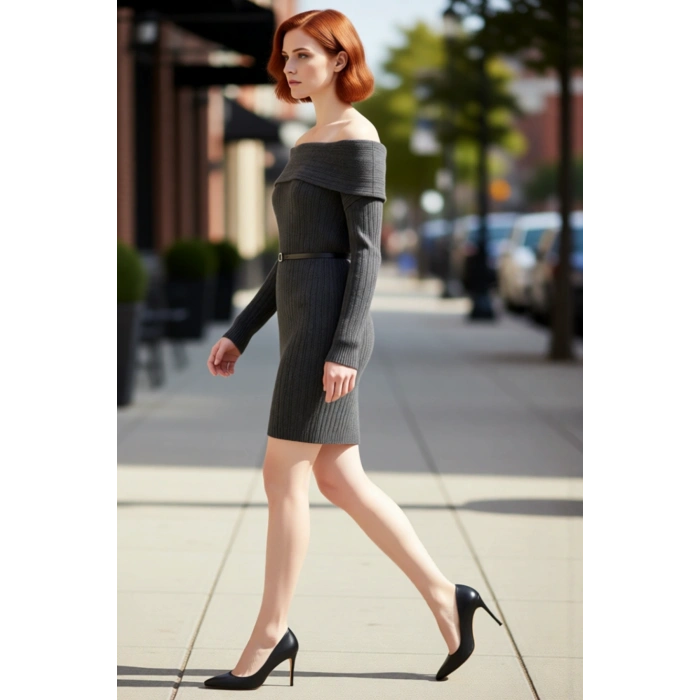 Kadınlar İçin Carmen Yaka Fitilli Triko Elbise Shift Kesim Standart Kol Mini Boy Şık Günlük