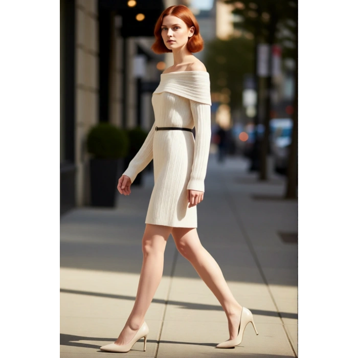 Kadınlar İçin Carmen Yaka Fitilli Triko Elbise Shift Kesim Standart Kol Mini Boy Şık Günlük