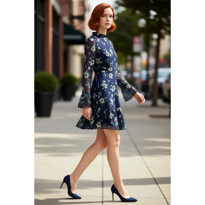 Kadınlar İçin Çiçek Desenli Fırfır Yaka Şifon Uzun Kollu A Line Mini Elbise Günlük Şıklık Kaliteli