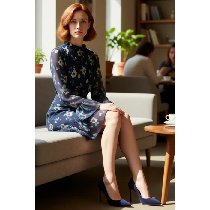 Kadınlar İçin Çiçek Desenli Fırfır Yaka Şifon Uzun Kollu A Line Mini Elbise Günlük Şıklık Kaliteli