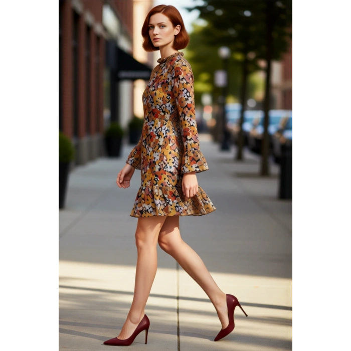 Kadınlar İçin Çiçek Desenli Fırfır Yaka Şifon Uzun Kollu A Line Mini Elbise Günlük Şıklık Kaliteli