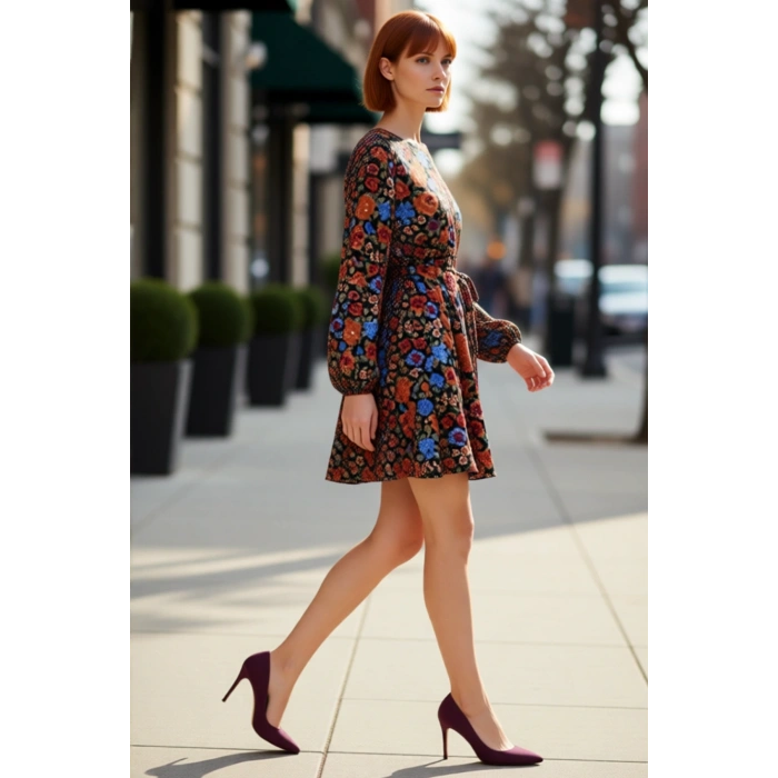 Kadınlar İçin Çiçekli Desenli Balon Kol Bisiklet Yaka Kuşaklı Mini Viskoz Dokuma Elbise Şık ve Rahat