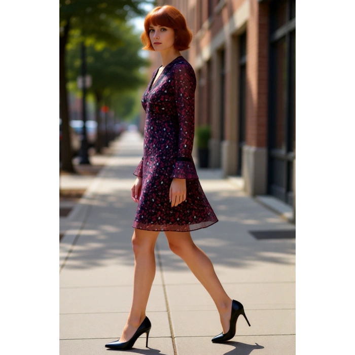 Kadınlar İçin Çiçekli Şifon Skater Mini Elbise Aksesuar Detaylı V Yaka Uzun Kollu Modeli Kaliteli