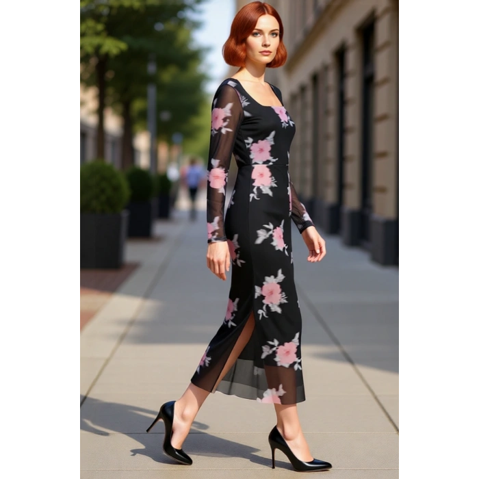 Kadınlar İçin Çiçekli Tül Bodycon Maxi Elbise Kare Yaka Uzun Standart Kollu Şık Tasarım Kaliteli