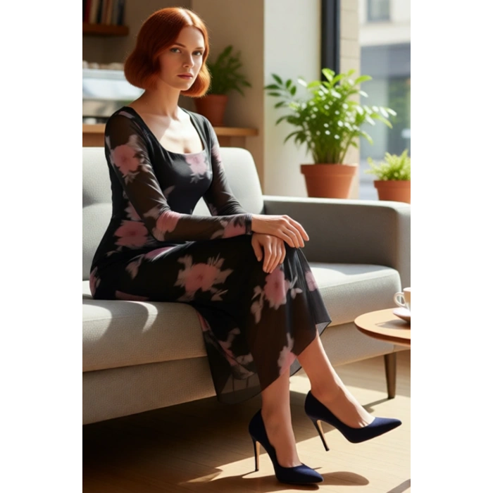 Kadınlar İçin Çiçekli Tül Bodycon Maxi Elbise Kare Yaka Uzun Standart Kollu Şık Tasarım Kaliteli