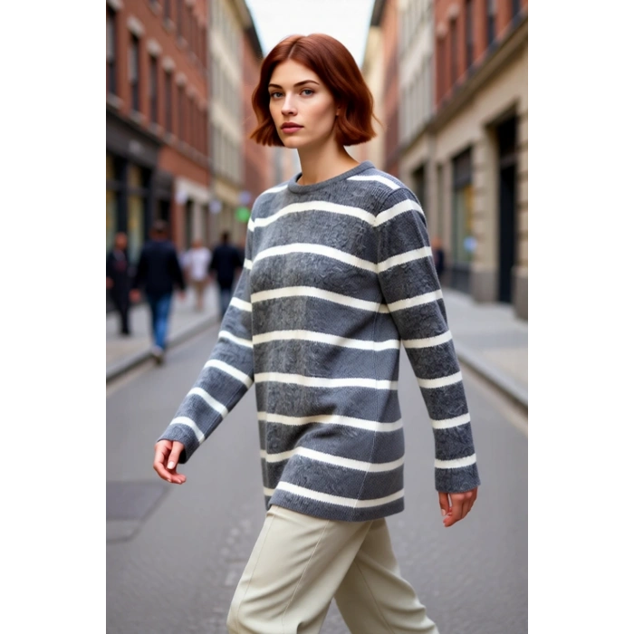 Kadınlar İçin Çizgili Triko Bisiklet Yaka Düşük Kol Regular Kalıp Kışlık Tesettür Kazak Rahatlık