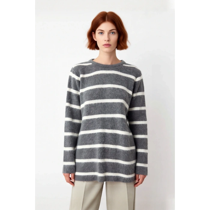 Kadınlar İçin Çizgili Triko Bisiklet Yaka Düşük Kol Regular Kalıp Kışlık Tesettür Kazak Rahatlık